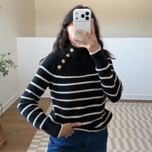 J. Crew Navy and White Striped Turtleneck Sweater with Gold Buttons